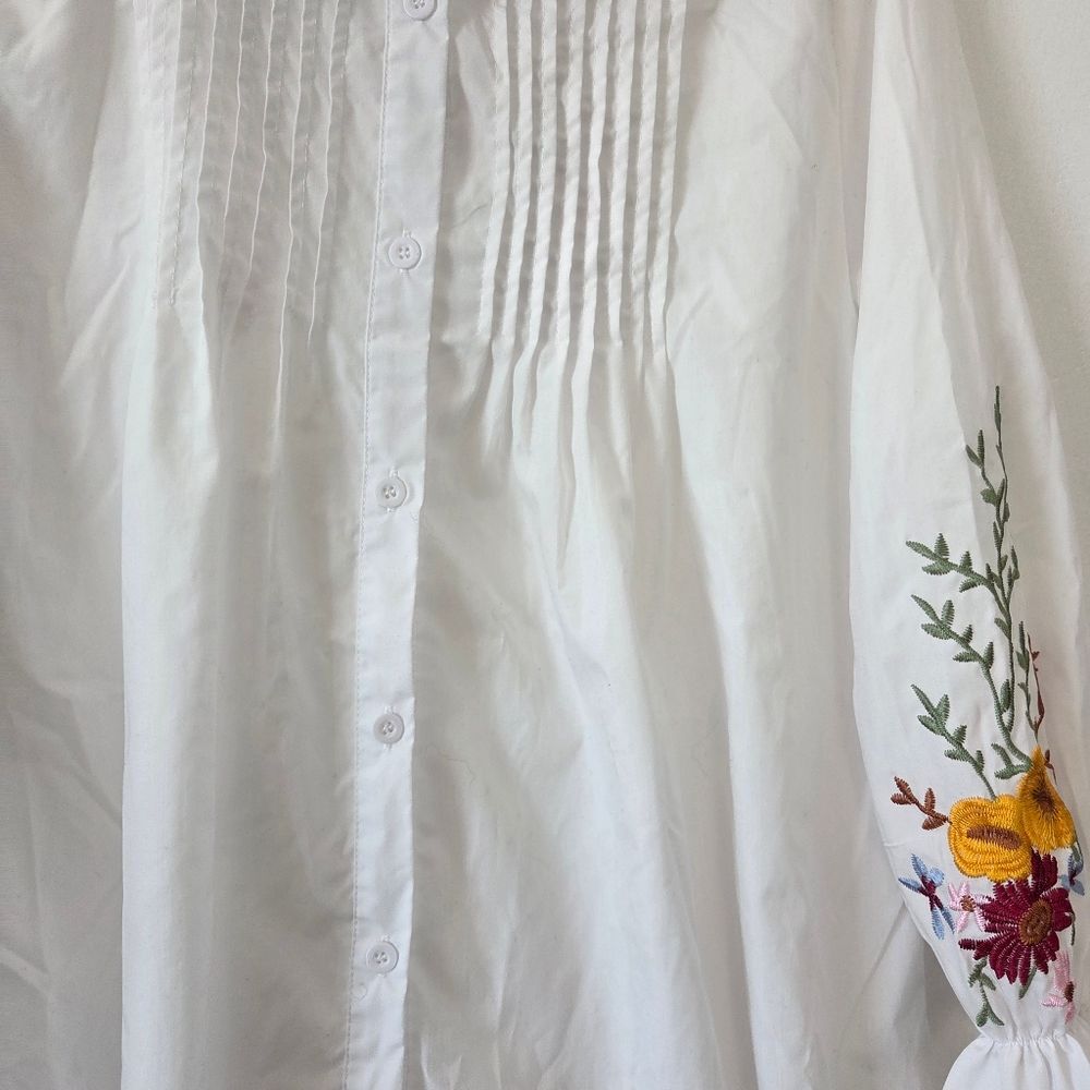 White Embroidered Tunic Blouse Pleated Summer Festival Farmers Market Boho Large - Picture 4 of 7